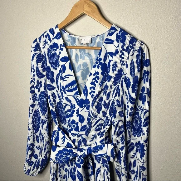 Milly Blue Liv Flowers of Spain Long Sleeve V Neck Pleated Mini Dress - Picture 7 of 13